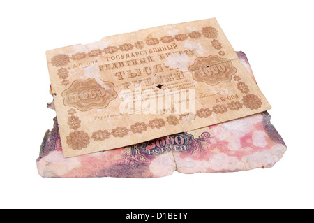 old bank notes in 1000 and 5000 Russian rubles in 1918 years Stock Photo