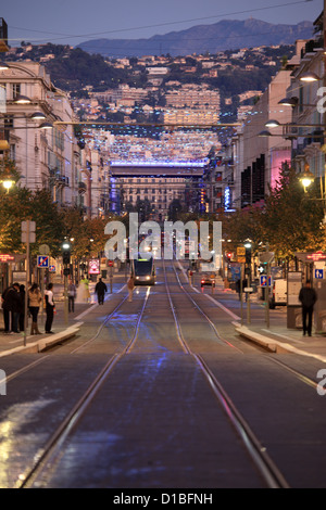The avenue Jean Medecin illuminated at night in Nice city Stock Photo