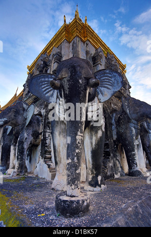 The Chedi decorated with elephants in Wat Chiang Man, the oldest temple in Chiang Mai, Thailand Stock Photo