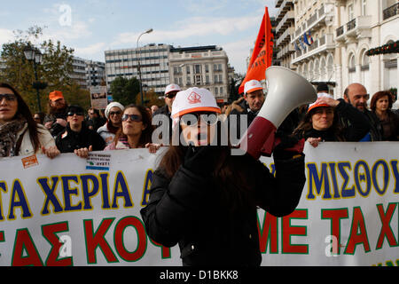 Dec. 14, 2012 - Athens, Greece - Municipal workers protest in the center of Athens against forced redundancies in the state sector. Europe's leaders wind up another crisis-hit year at their last summit of 2012 trumpeting key deals to save Greece and control banks while kicking ambitious proposals to tighten EU integration into the future. (Credit Image: © Aristidis Vafeiadakis/ZUMAPRESS.com) Stock Photo