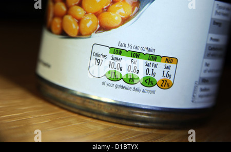 FOOD CAN LABEL SHOWING GUIDELINE FOOD DAILY AMOUNTS OF SUGAR FAT CALORIES SALT RE OVERWEIGHT PEOPLE OBESITY HEALTHY  DIET UK Stock Photo