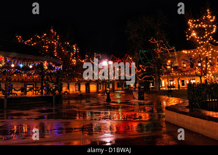 Downtown Santa Fe in winter- Holiday Lights in the Plaza, Santa Fe, New Mexico, USA Stock Photo