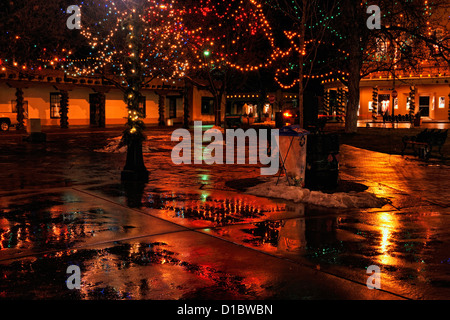 Downtown Santa Fe in winter- Holiday Lights in the Plaza, Santa Fe, New Mexico, USA Stock Photo