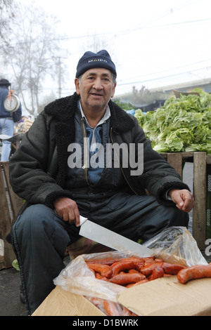 Chorizo sausage vendor at San Fernando street market, in the province of Colchagua, central Chile, South America Stock Photo