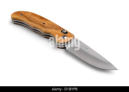 Open pocket knife with wooden handle isolated on white Stock Photo