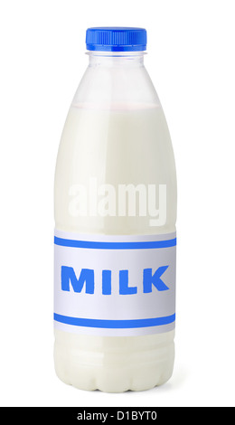 Plastic bottle of milk with label isolated on white Stock Photo