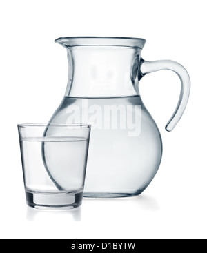A glass and a jug full of water isolated on white background Stock Photo