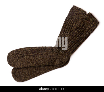 Pair of brown knit wool socks isolated on white Stock Photo