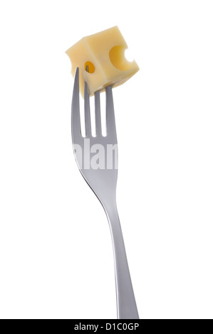 emmental cheese cube on a fork against white background Stock Photo