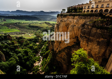 Landscape view of the fertile fields and vineyards in the fertile valley below the city of Ronda in Spain Stock Photo