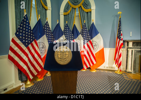 The Mayor's podium at a bill signing ceremony in the Blue Room in City Hall in New York Stock Photo