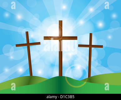 Happy Easter Day Good Friday Cross on Sun Rays on Sky Blue Bokeh Circles and Blurred Background Illustration Stock Photo