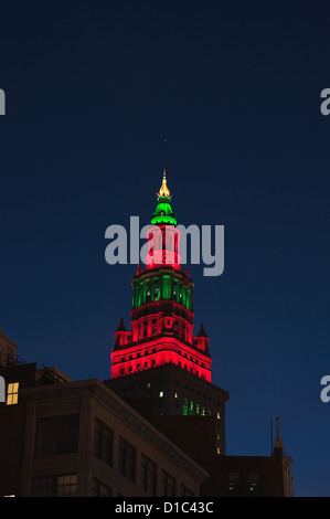 Terminal Tower in downtown Cleveland Ohio shot from Euclid Avenue with Holiday red and green lights Stock Photo