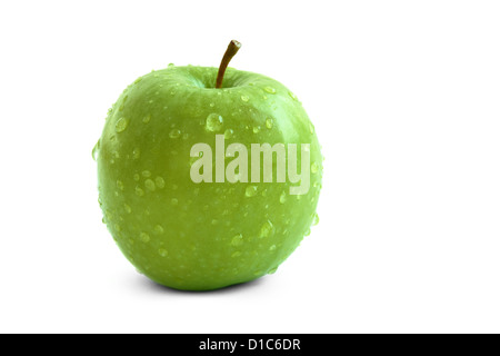 Single green apple with water droplets isolated on a white background Stock Photo