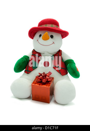 Christmas Snowman with present Stock Photo