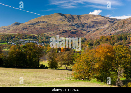 View over Coniston Water towards The old Man of Coniston in the Lake District National Park. Stock Photo