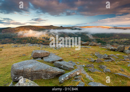 View over Burrator Reservoir towards Sharpitor and Leather Tor from Sheeps Tor in the Dartmoor National Park. Stock Photo