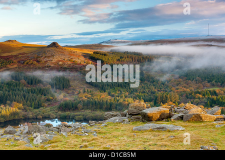 View over Burrator Reservoir towards Sharpitor and Leather Tor from Sheeps Tor in the Dartmoor National Park. Stock Photo