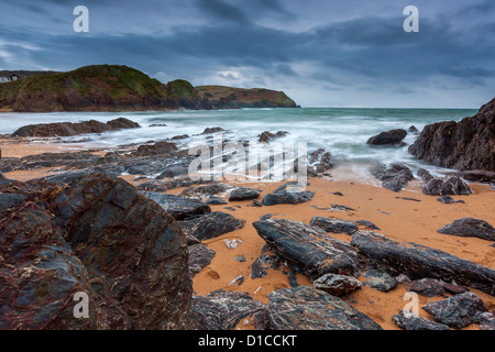 Incoming waves on beach, Hope Cove, South Hams, Devon, England, United Kingdom, Europe. Stock Photo