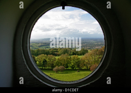 A view through a window of Broadway Tower Worcestershire in autumn Stock Photo