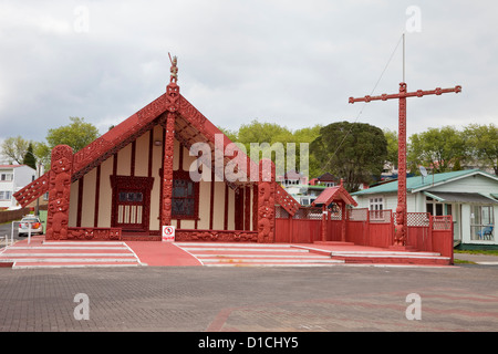 Maori Marae (Meeting House), Ohinemutu Village, Rotorua, north island, New Zealand. Stock Photo