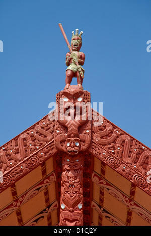 Tekoteko (carved male figure) of Chief Tematekapua, Maori Marae (Meeting House), Ohinemutu Village, Rotorua, New Zealand. Stock Photo