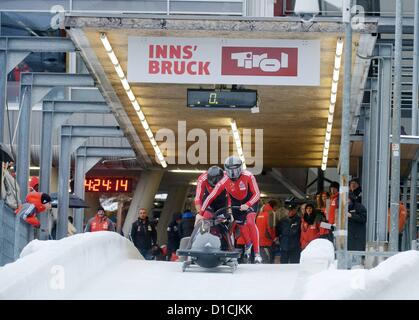 15.12.2012. Innsbruck, Switzerland.  FIBT Juniors World Championships Two-man bob for   men Picture shows Markus Treichl and Robert  AUT  Bobsleighing Juniors World Cup Stock Photo