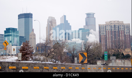 Downtown skyline photographed from freeway 94 running along the south side. Minneapolis Minnesota MN USA Stock Photo