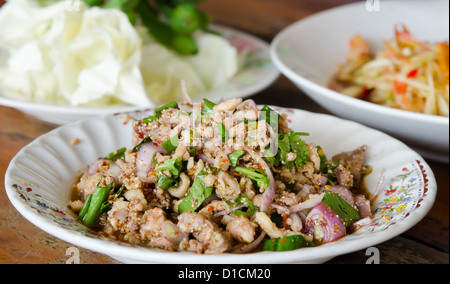 spicy minced pork with vegetable on dish Stock Photo