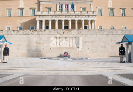 guarding the Tomb of the Unknown Soldier in the foreground, Athens, Greece Stock Photo