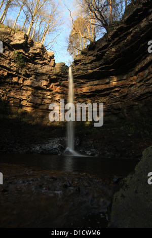 Hardraw Force waterfall, Hawes, North Yorkshire, with ice on the rocks during winter 2012. Stock Photo