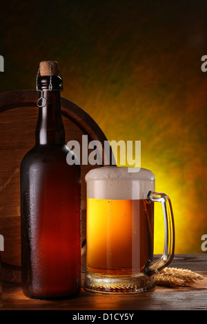 Still Life with a keg of beer and draft beer by the glass. Stock Photo