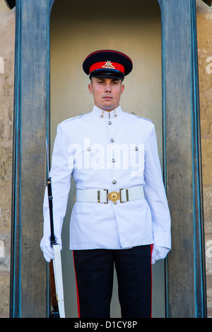 Malta, Europe. A guard in Summer military uniform outside the Presidential Palace in Valletta' Stock Photo