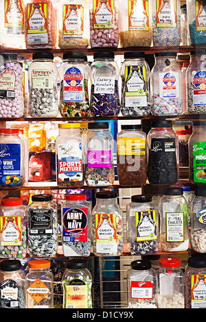 Sweets in jars on sweetshop shelves, Cardiff, Wales, UK Stock Photo