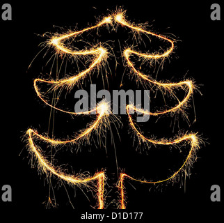 Abstract sparkler christmas tree on the black background. Stock Photo