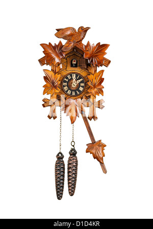 Crafted wooden made cuckoo clock with birdie out of house at 2 O'Clock position with arm in swing motion on white background Stock Photo