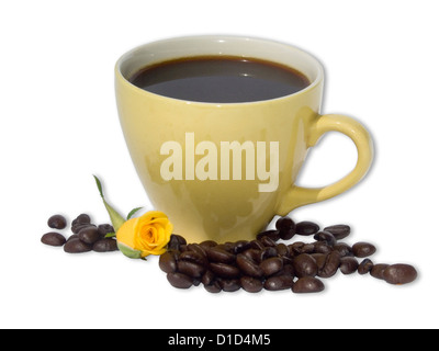 Yellow cup of coffee - with coffee beans scattered around it - and a yellow rose bud - on a plain white background Stock Photo
