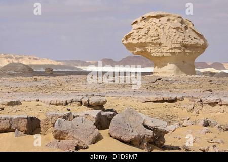 Wind ,sun and sand modeled limestones sculptures in White desert ,Egypt Stock Photo