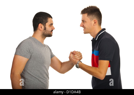 Meeting of two friends guys giving handshake isolated on white background Stock Photo