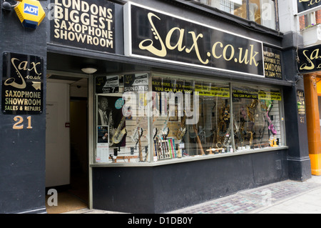 Sax.co.uk in Denmark Street in the West End of Central London claim to be London's biggest Saxophone showroom. Stock Photo