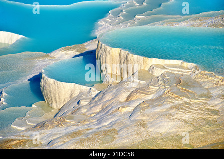 Pamukkale travetine terrace water cascades, composed of Calcium carbonate rock formations, Pamukkale, Turkey Stock Photo