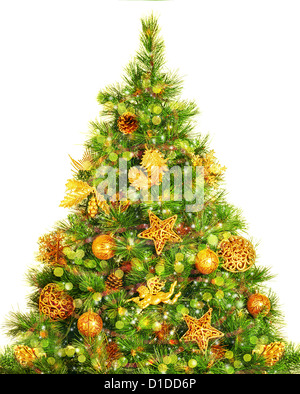 Photo of beautiful decorated Christmas tree isolated on white background, decorative golden angel, stars and festive balls Stock Photo