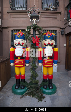 Wooden soldiers as Christmas decorations in front of a Brownstone apartment building in Park Slope, Brooklyn, NY. Stock Photo