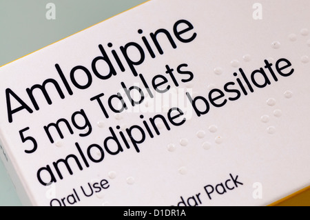Box of Amlodipine besilate tablets, a calcium channel blocker used to treat high blood-pressure Stock Photo