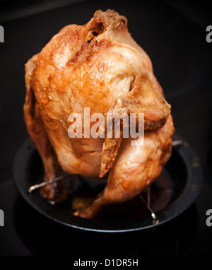 Whole grilled chicken on black metal pan above dark background Stock Photo