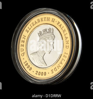 Obverse of British Royal Mint (Millennium Series) £2 Falklands Islands commemorative .925 Sterling Silver 24ct Gold plated coin Stock Photo