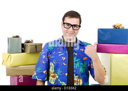 happy silly salesman with some boxes, isolated on white Stock Photo