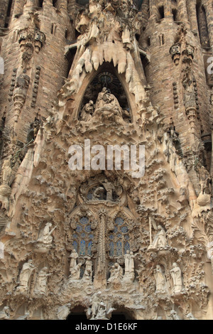 Carvings on facade of Sagrada Familia temple, UNESCO World Heritage Site, Barcelona, Catalunya, Spain, Europe Stock Photo