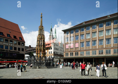 Nuernberg, Germany, the Schoene Brunnen on the Main Market Stock Photo