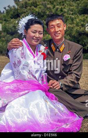 Wedding couple in the city park, Hamhung, Democratic People's Republic of Korea (DPRK), North Korea, Asia Stock Photo